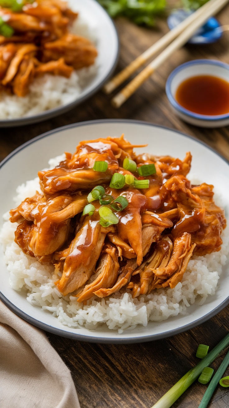 Slow-Cooked Honey Garlic Chicken Recipe Tender shredded honey garlic chicken served over rice, garnished with green onions.